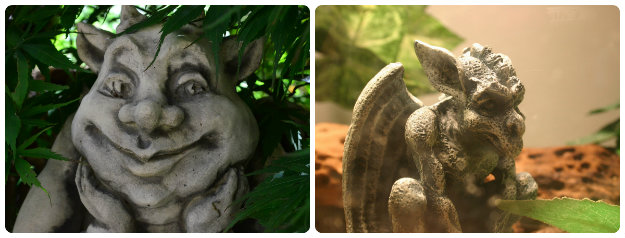 two gargoyle statues, one very scary the other more cartoon like
